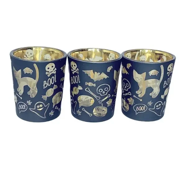 Boo Cat Gothic Black & Gold Votive Candle Holder (Set of 3) Kitty Tealight Glass - Picture 1 of 8